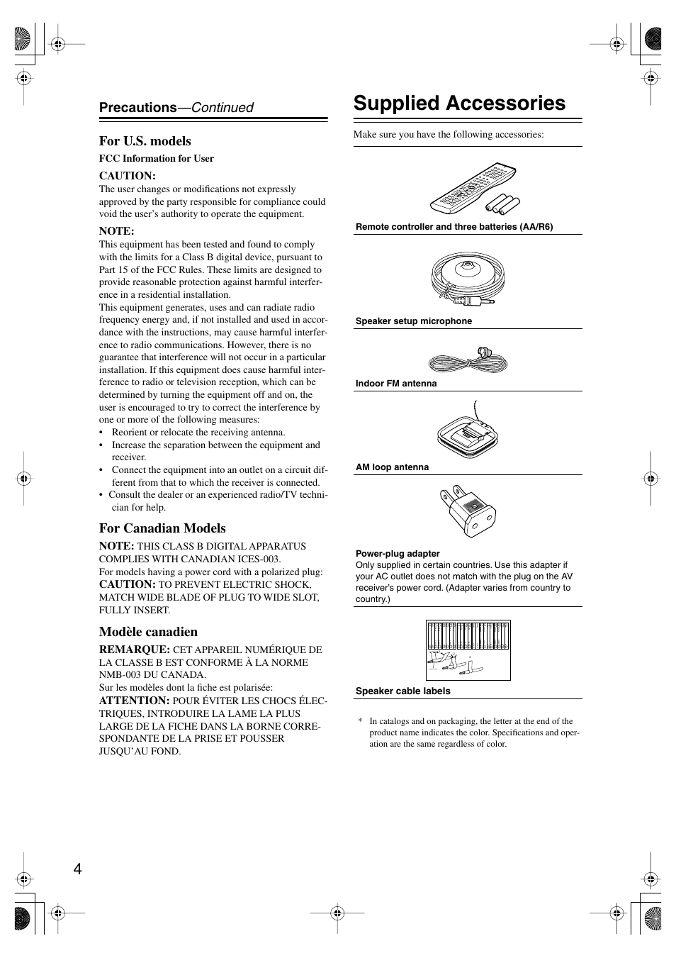 Supplied accessories, Precautions —continued for u.s. models, For canadian models | Modèle canadien, Caution, Remarque, Attention, Fcc information for user, Make sure you have the following accessories, Speaker cable | Onkyo TX-SR804E User Manual | Page 4 / 96
