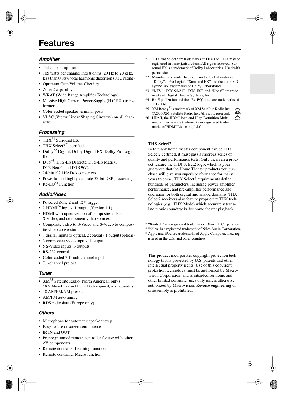 Features | Onkyo TX-SR804E User Manual | Page 5 / 96