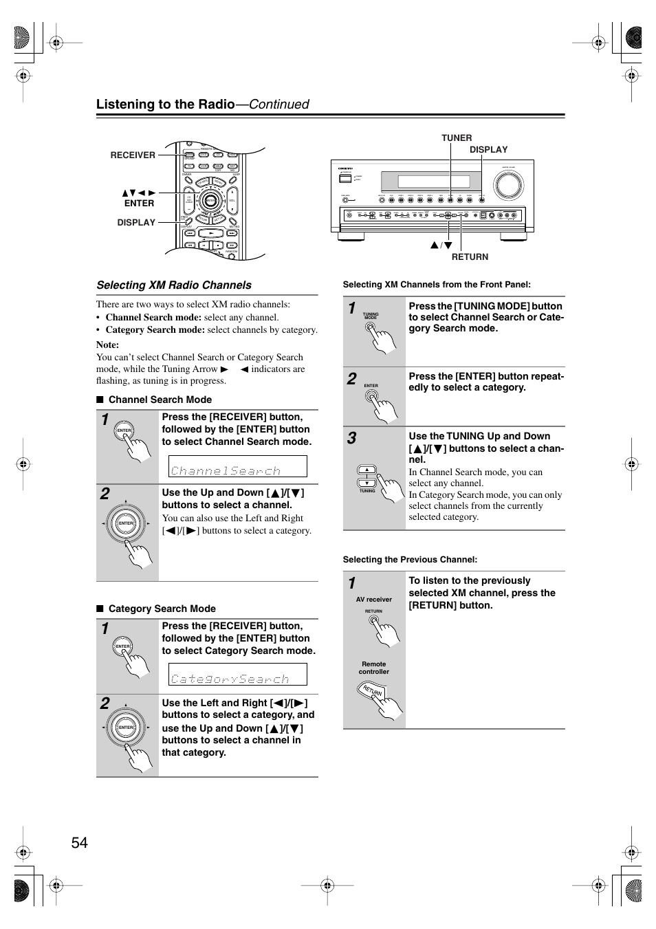 Listening to the radio —continued, Selecting xm radio channels | Onkyo TX-SR804E User Manual | Page 54 / 96