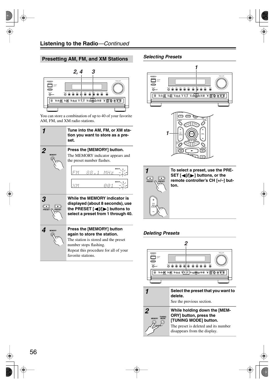 Listening to the radio —continued, Presetting am, fm, and xm stations, Selecting presets deleting presets | Onkyo TX-SR804E User Manual | Page 56 / 96