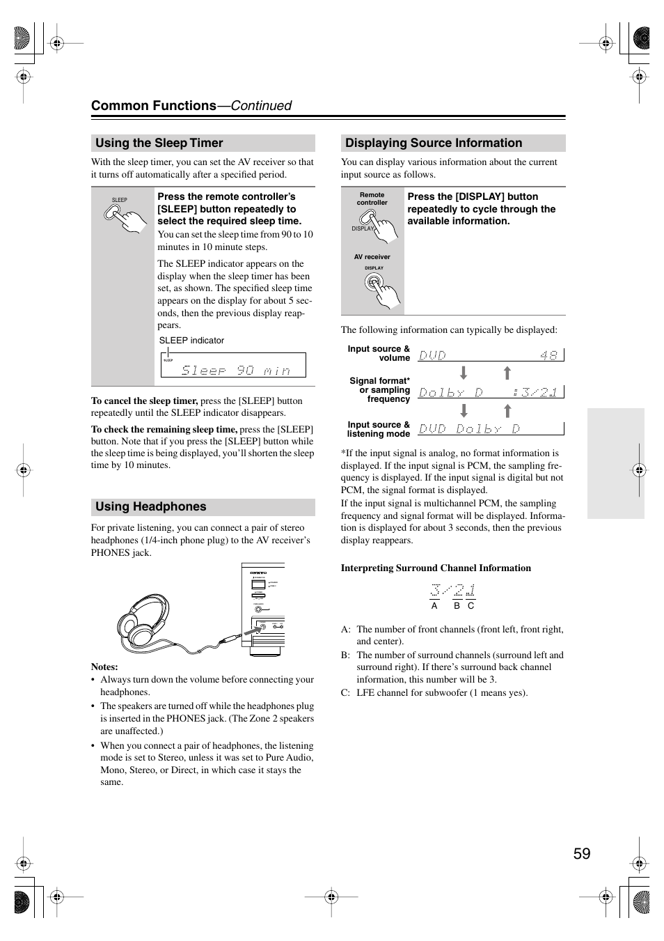 Common functions —continued, Using the sleep timer, Using headphones | Displaying source information | Onkyo TX-SR804E User Manual | Page 59 / 96