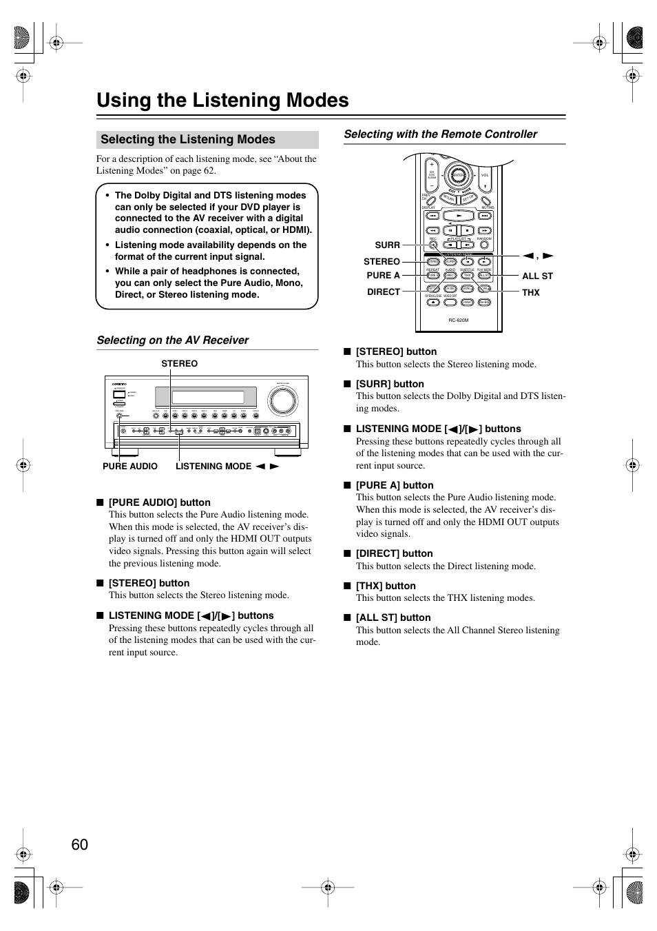 Using the listening modes, Selecting the listening modes, Selecting on the av receiver | Selecting with the remote controller | Onkyo TX-SR804E User Manual | Page 60 / 96