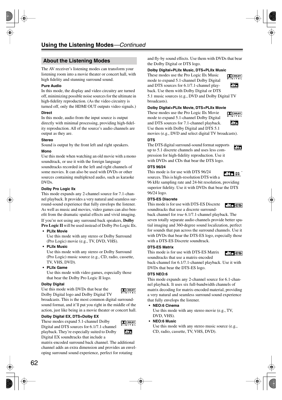 Using the listening modes —continued | Onkyo TX-SR804E User Manual | Page 62 / 96