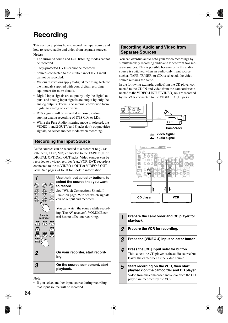 Recording, Recording the input source, Recording audio and video from separate sources | Onkyo TX-SR804E User Manual | Page 64 / 96