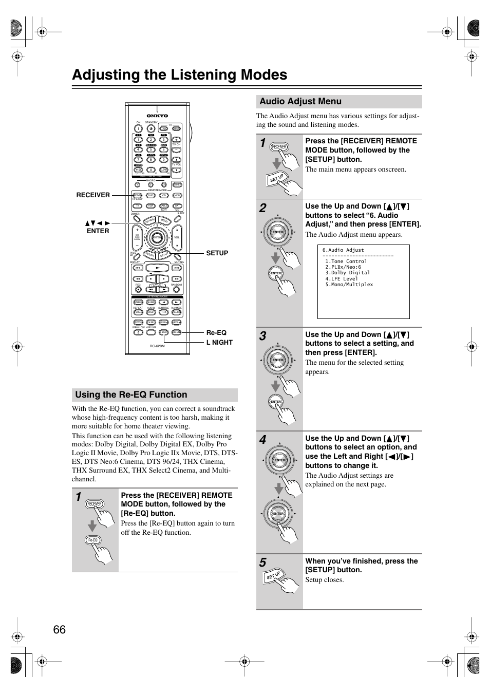 Adjusting the listening modes, Using the re-eq function, Audio adjust menu | Onkyo TX-SR804E User Manual | Page 66 / 96