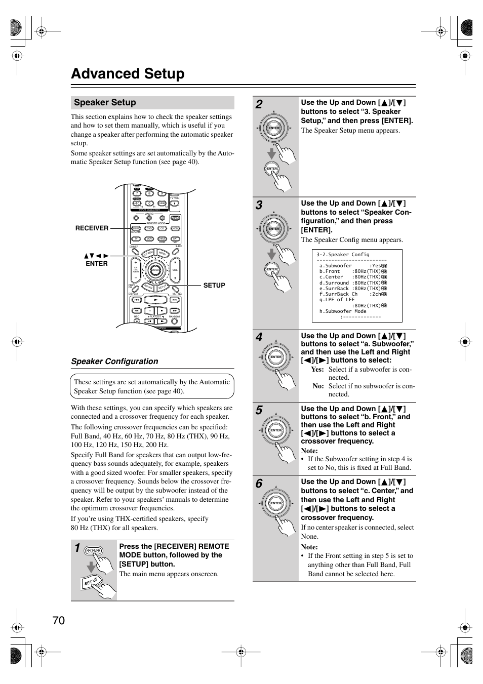 Advanced setup, Speaker setup, Speaker configuration | Onkyo TX-SR804E User Manual | Page 70 / 96