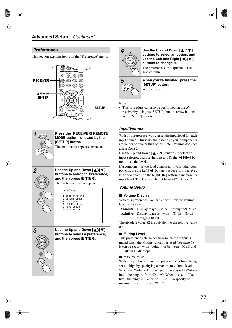 Advanced setup —continued, Preferences, Intellivolume | Volume setup | Onkyo TX-SR804E User Manual | Page 77 / 96