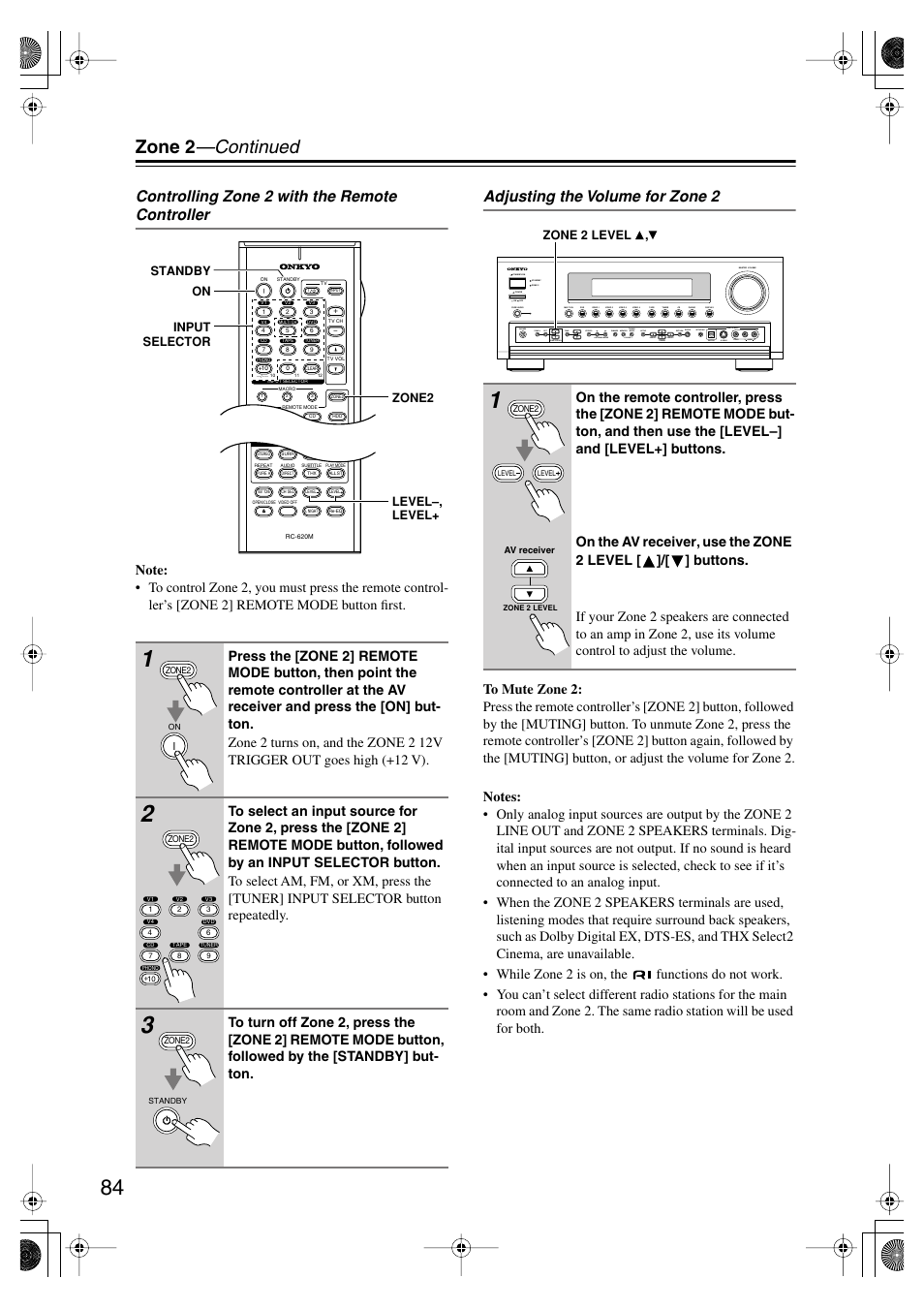 Zone 2 —continued, Controlling zone 2 with the remote controller, Adjusting the volume for zone 2 | Onkyo TX-SR804E User Manual | Page 84 / 96