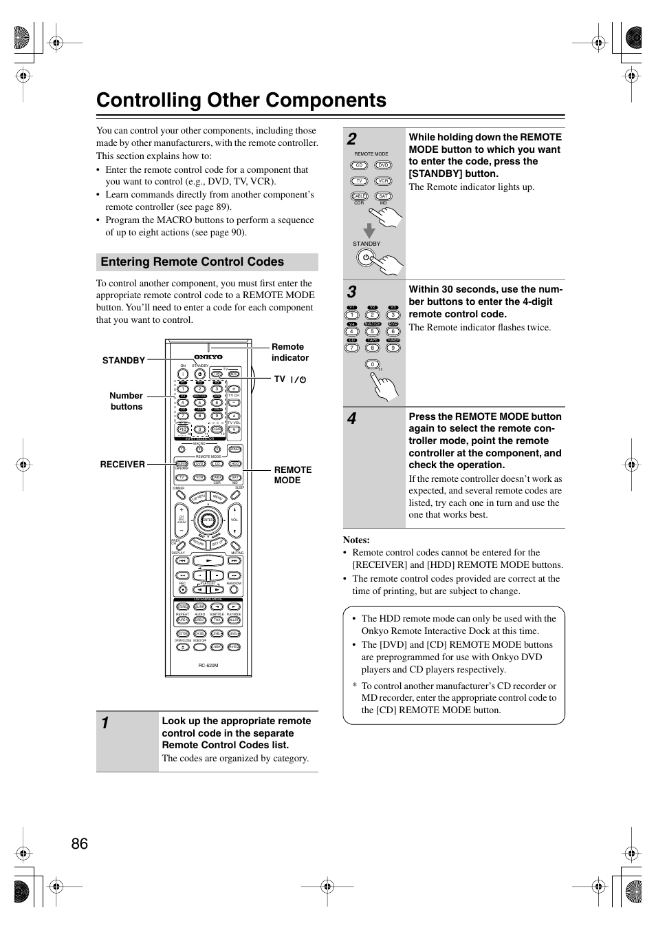 Controlling other components, Entering remote control codes | Onkyo TX-SR804E User Manual | Page 86 / 96