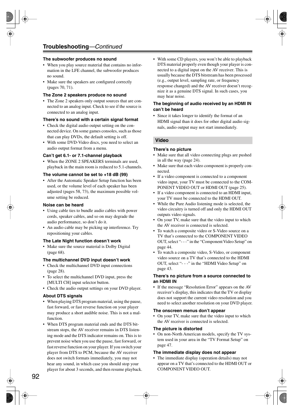 Troubleshooting —continued | Onkyo TX-SR804E User Manual | Page 92 / 96