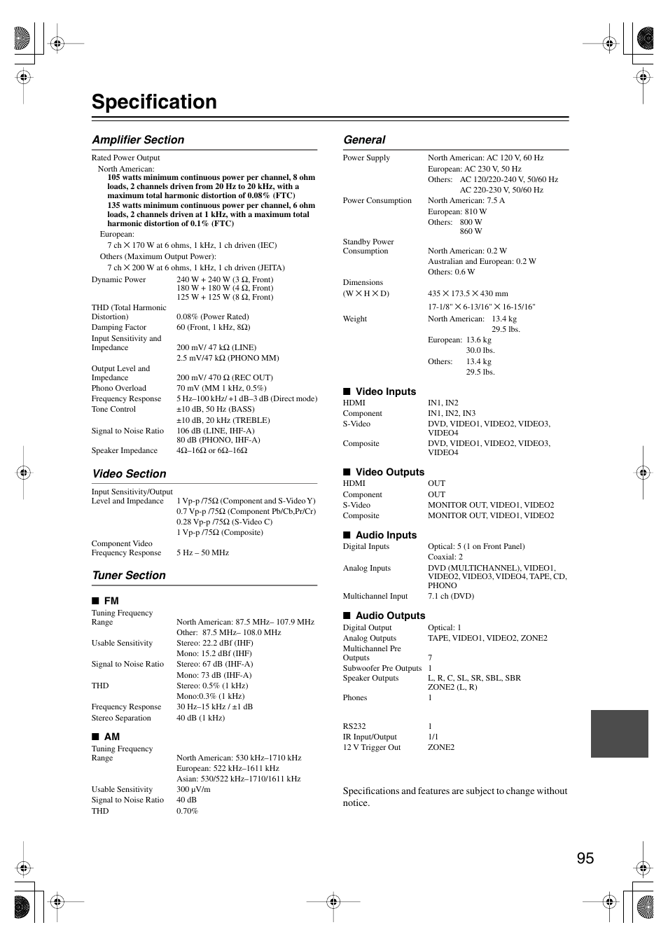 Specification | Onkyo TX-SR804E User Manual | Page 95 / 96