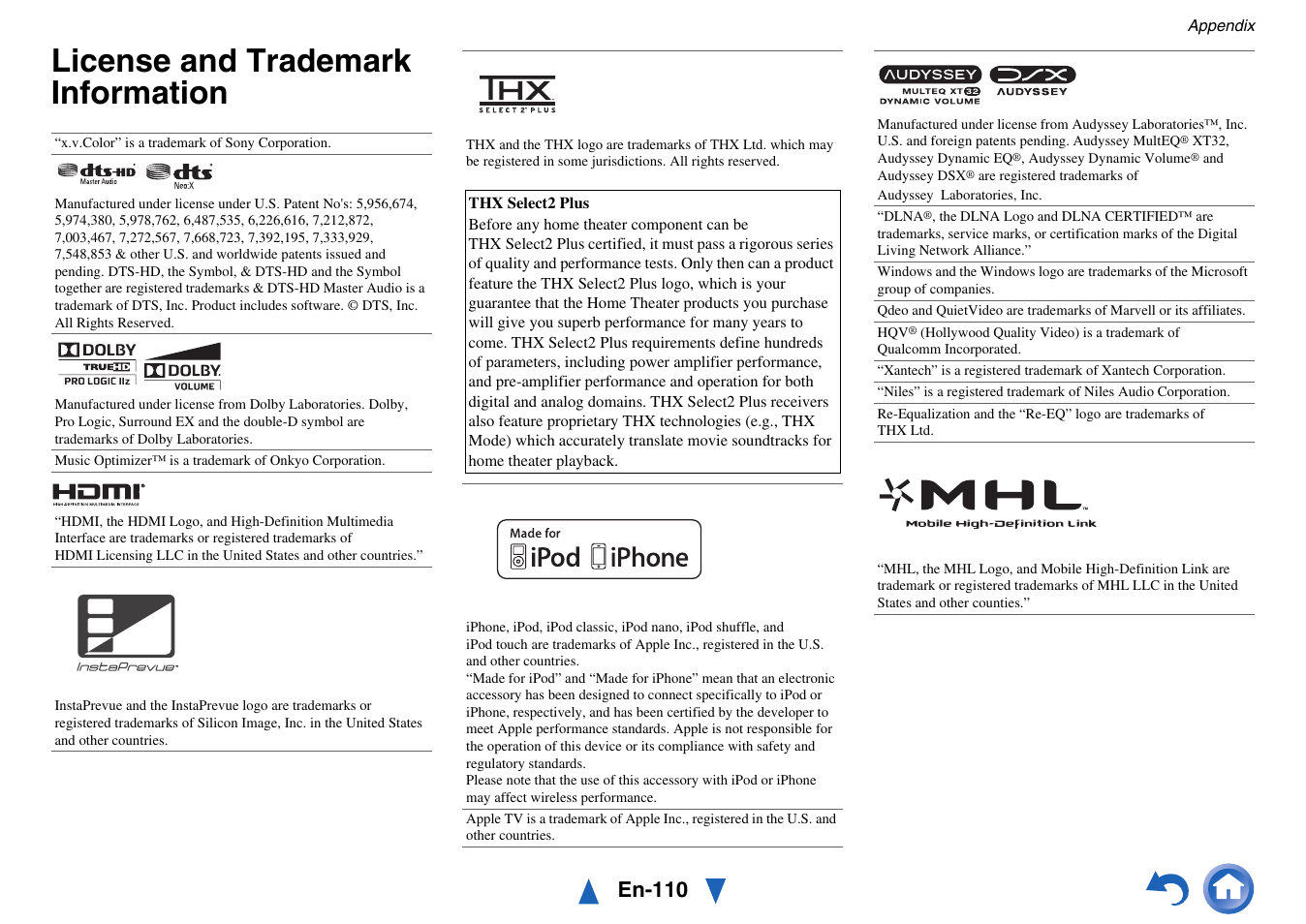 License and trademark information, En-110 | Onkyo AV Receiver TX-NR818 User Manual | Page 110 / 156