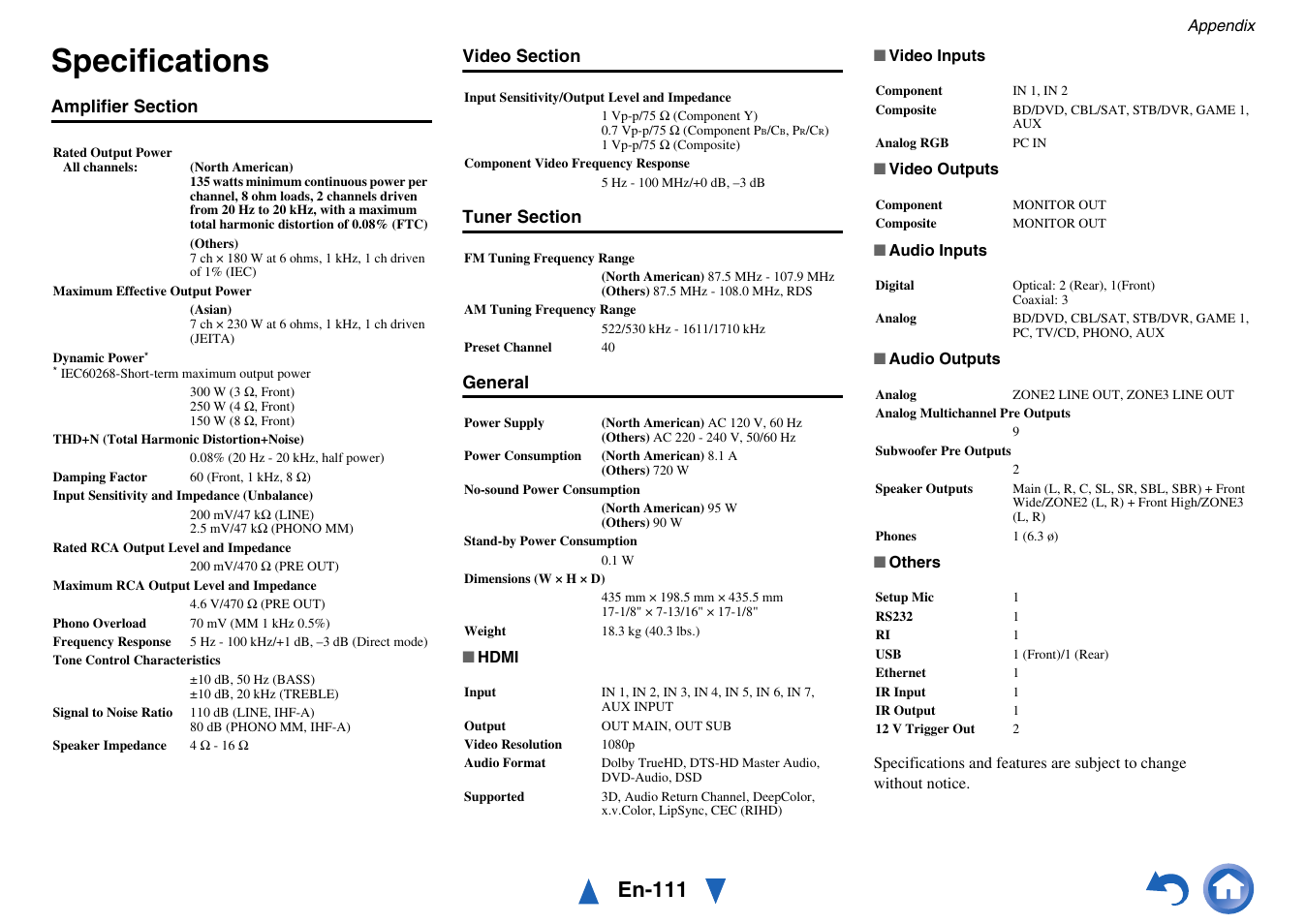 Specifications, En-111 | Onkyo AV Receiver TX-NR818 User Manual | Page 111 / 156