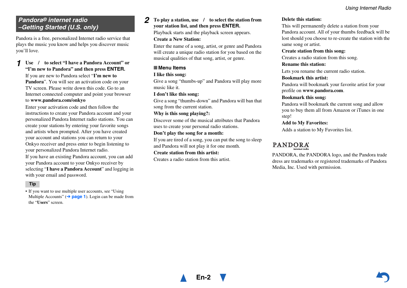 Pandora, Internet radio –getting started, U.s. only) | Onkyo AV Receiver TX-NR818 User Manual | Page 114 / 156