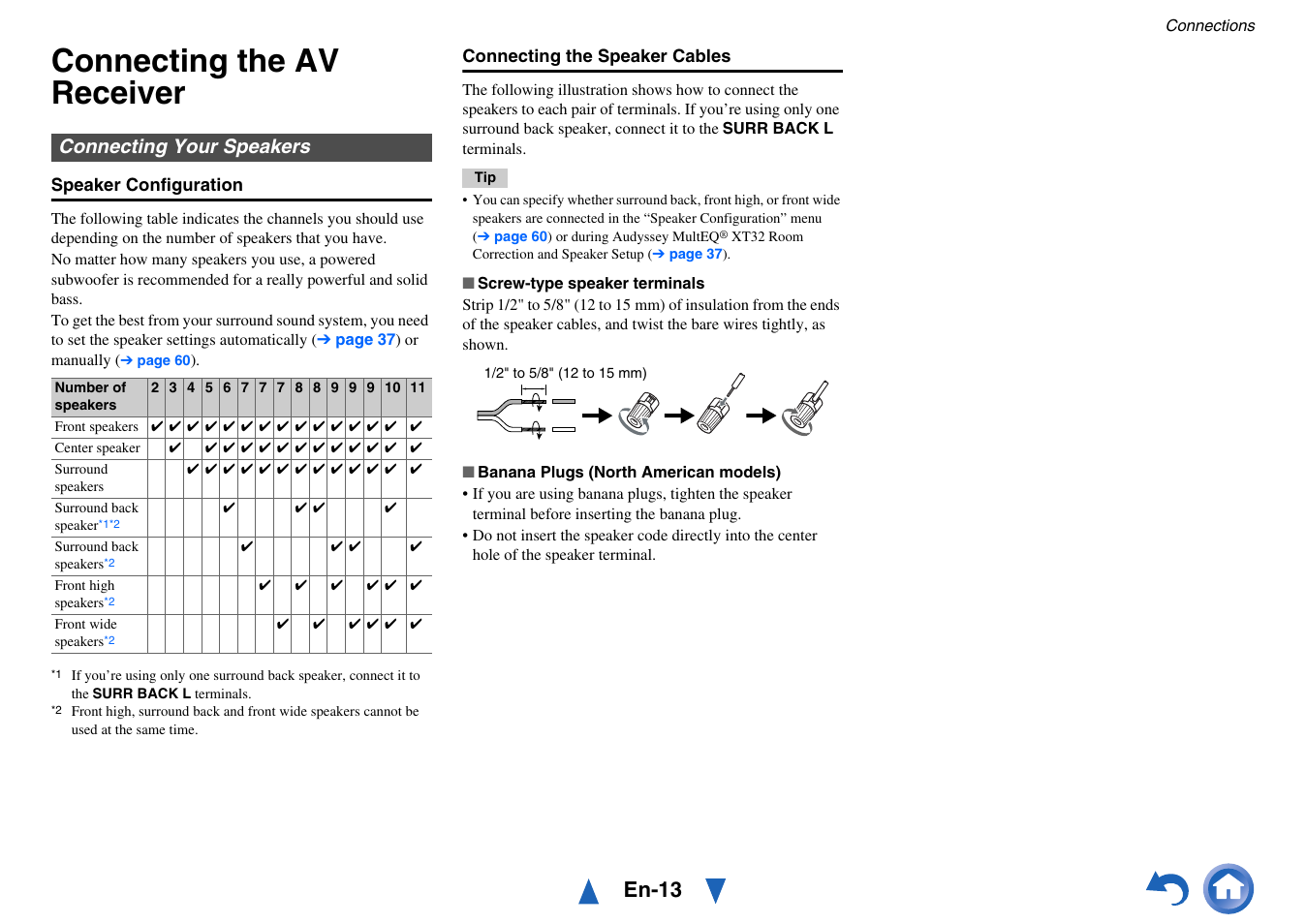Connections, Connecting the av receiver, Connecting your speakers | See “connecting the av receiver” for, En-13 | Onkyo AV Receiver TX-NR818 User Manual | Page 13 / 156