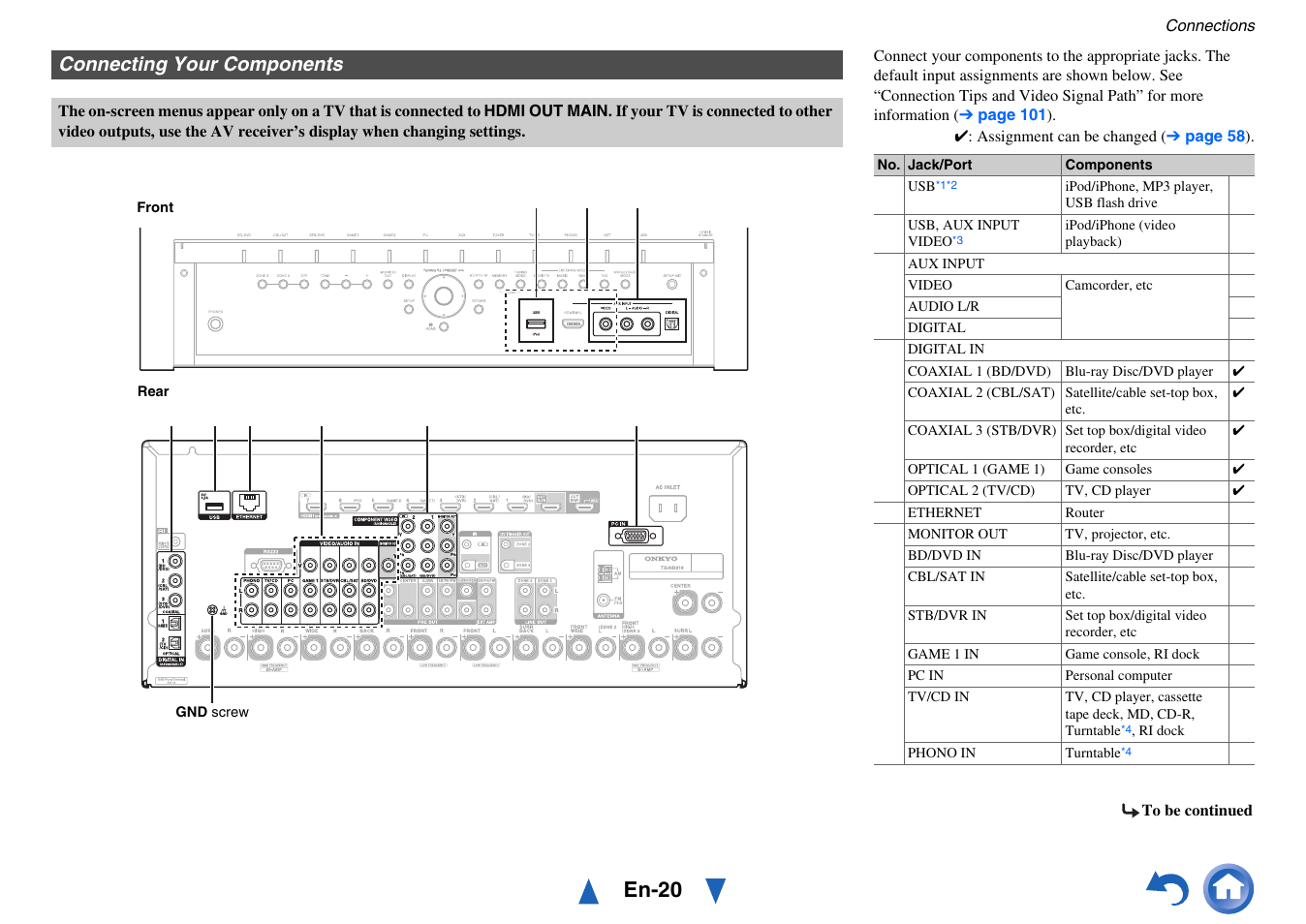 Connecting your components, En-20 | Onkyo AV Receiver TX-NR818 User Manual | Page 20 / 156