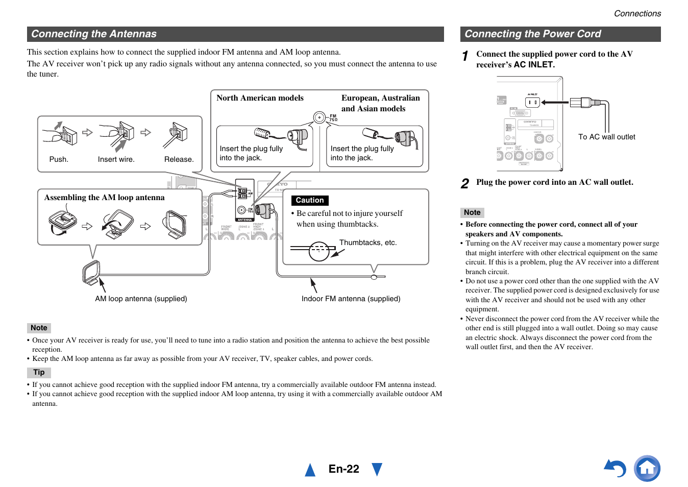 Connecting the antennas, Connecting the power cord, Connecting the antennas connecting the power cord | En-22 | Onkyo AV Receiver TX-NR818 User Manual | Page 22 / 156