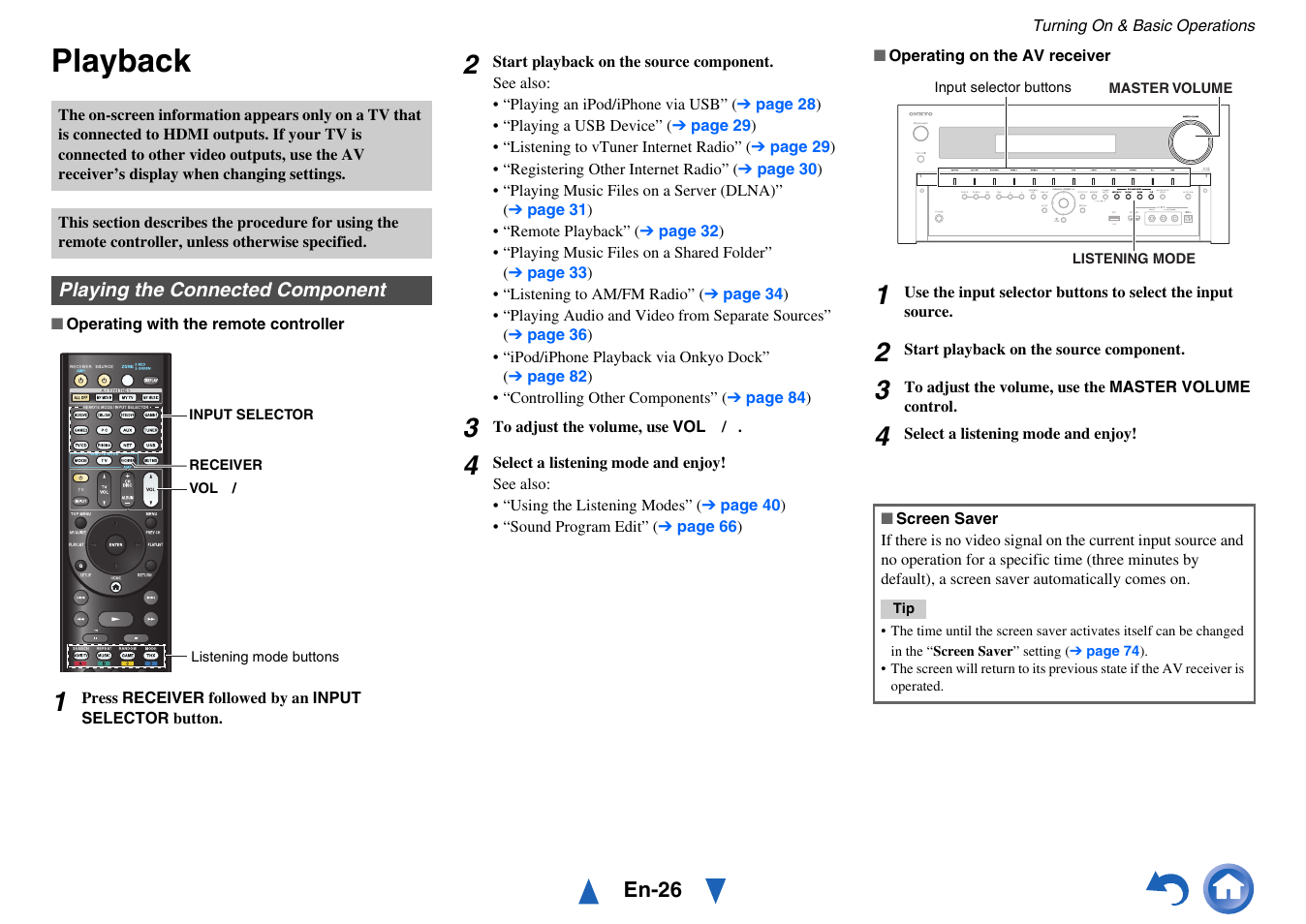 Playback, Playing the connected component | Onkyo AV Receiver TX-NR818 User Manual | Page 26 / 156