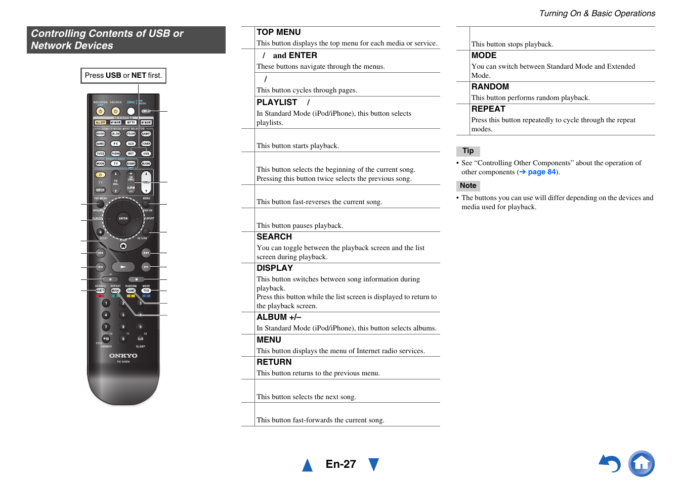 Controlling contents of usb or network devices, En-27 | Onkyo AV Receiver TX-NR818 User Manual | Page 27 / 156