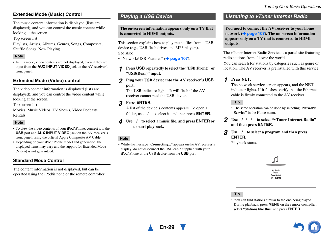 Playing a usb device, Listening to vtuner internet radio, En-29 | Onkyo AV Receiver TX-NR818 User Manual | Page 29 / 156