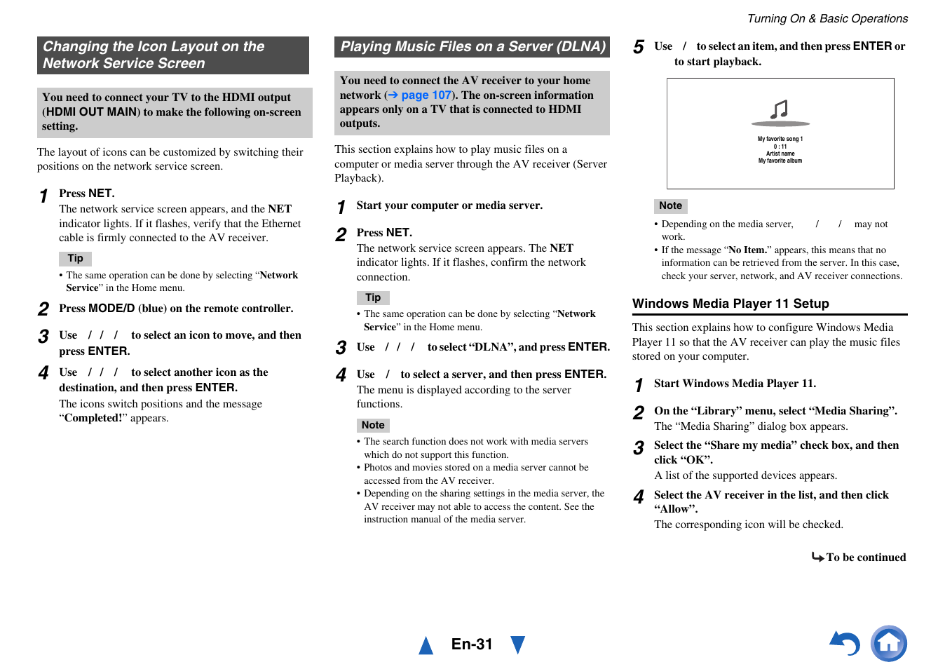 Playing music files on a server (dlna), Changing the icon layout, On the network service screen | Onkyo AV Receiver TX-NR818 User Manual | Page 31 / 156