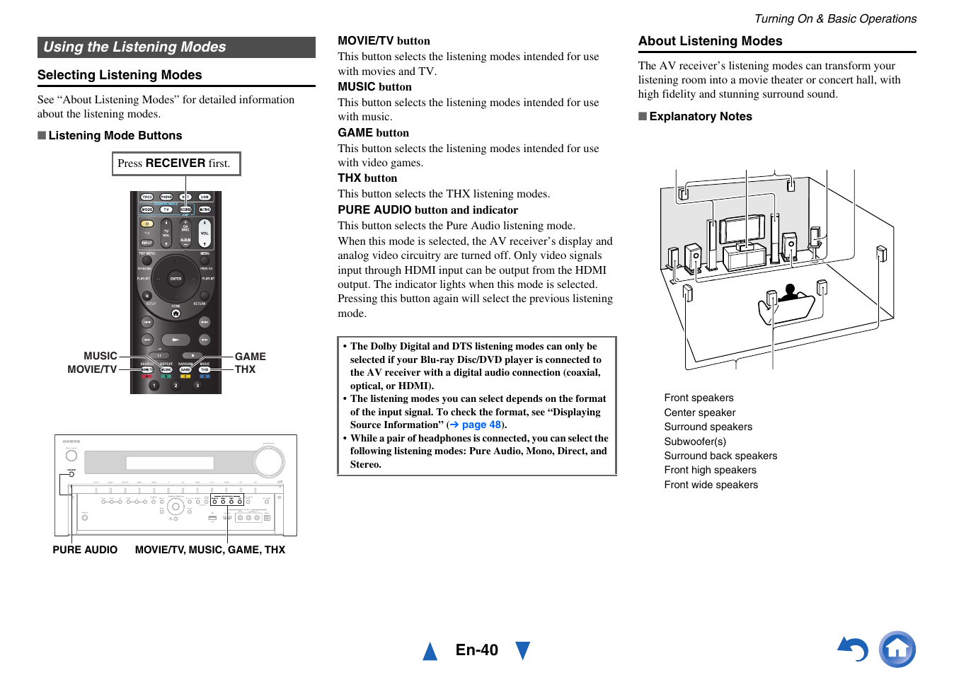 Using the listening modes, En-40 | Onkyo AV Receiver TX-NR818 User Manual | Page 40 / 156