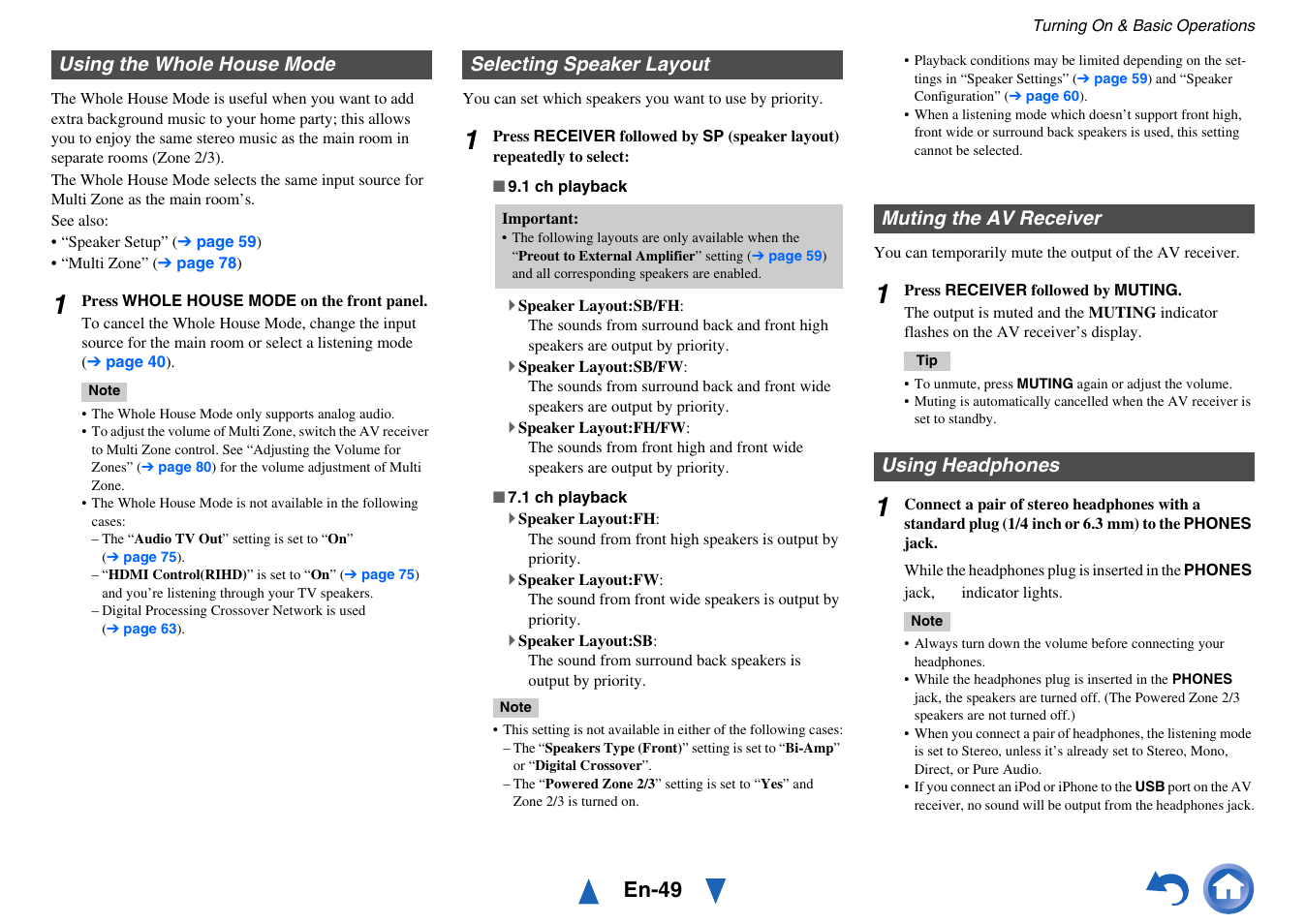 Using the whole house mode, Selecting speaker layout, Muting the av receiver | Using headphones, Jack, See “selecting speaker layout, En-49 | Onkyo AV Receiver TX-NR818 User Manual | Page 49 / 156