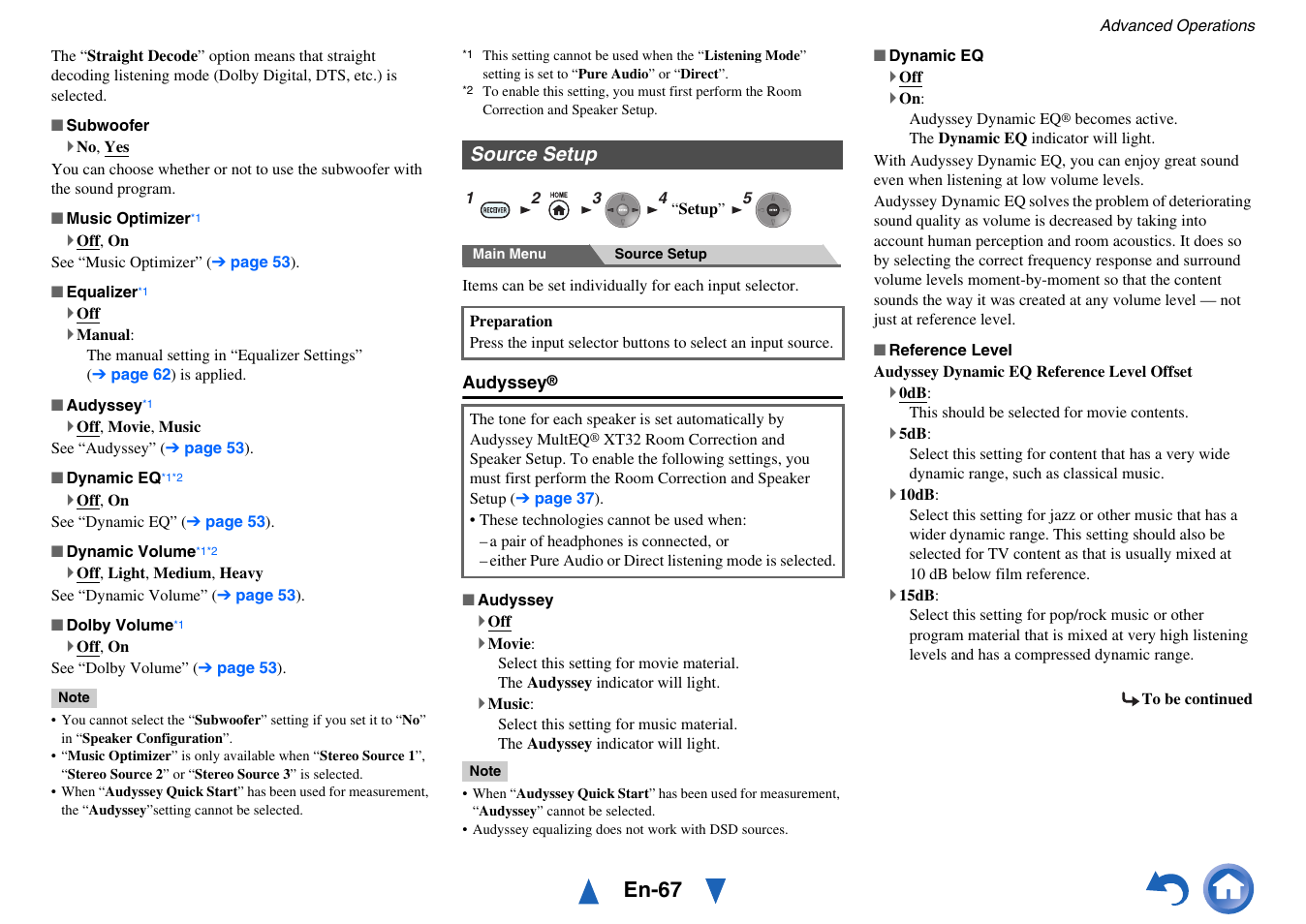 Source setup, Display the “audyssey, Dynamic eq | See “audyssey” in “source setup, Dynamic eq” i, En-67 | Onkyo AV Receiver TX-NR818 User Manual | Page 67 / 156