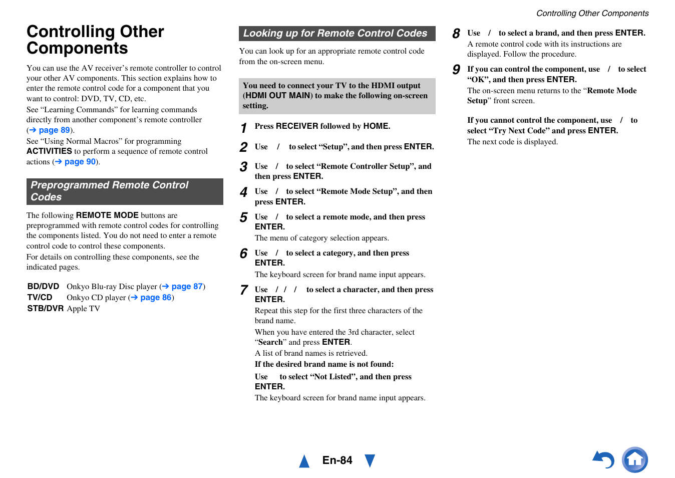 Controlling other components, Preprogrammed remote control codes, Looking up for remote control codes | Step 5 of “looking up for remote control codes, See “looking up for remote control codes | Onkyo AV Receiver TX-NR818 User Manual | Page 84 / 156