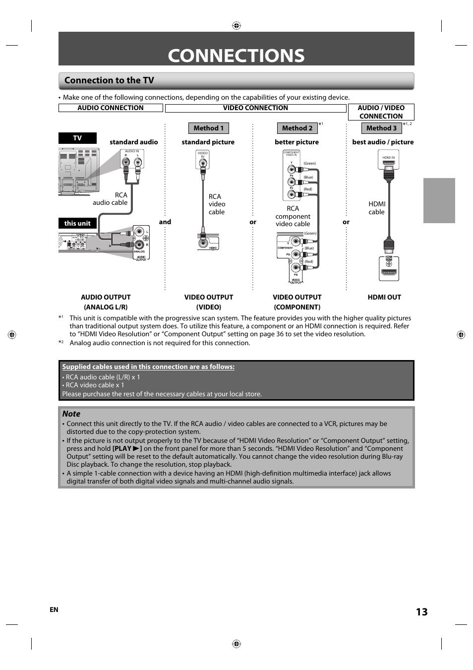 Connections, Connection to the tv | Onkyo DV-BD507 User Manual | Page 13 / 56