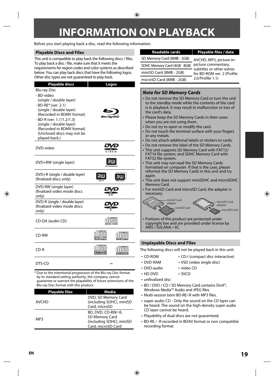 Information on playback | Onkyo DV-BD507 User Manual | Page 19 / 56