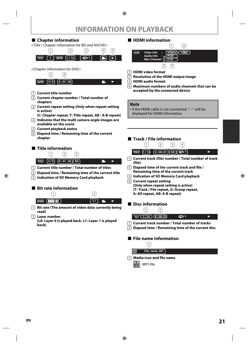 Information on playback, Chapter information, Title information | Bit rate information, Hdmi information, Track / file information, Disc information, File name information | Onkyo DV-BD507 User Manual | Page 21 / 56
