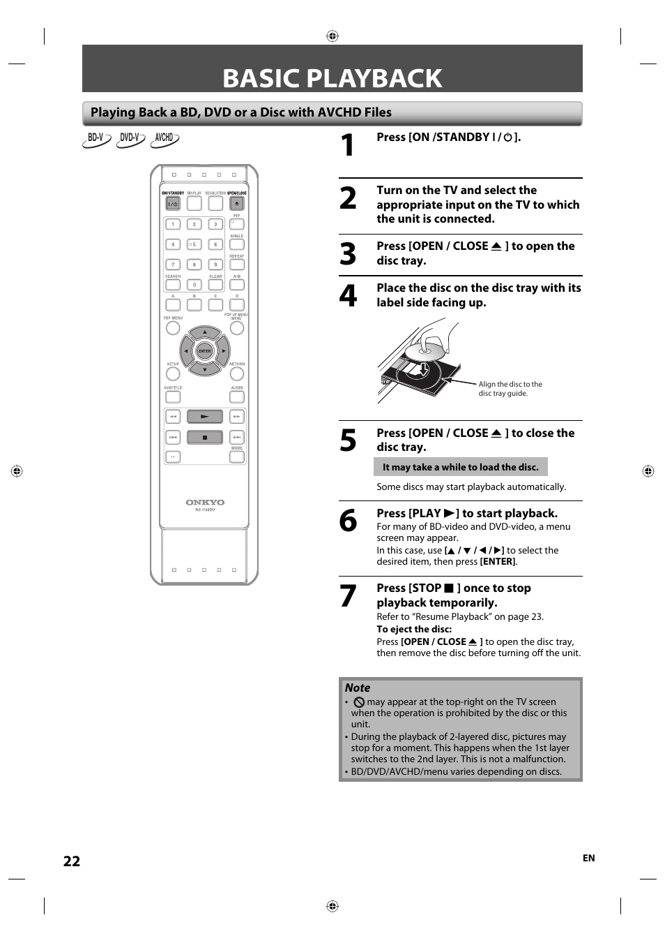 Basic playback | Onkyo DV-BD507 User Manual | Page 22 / 56