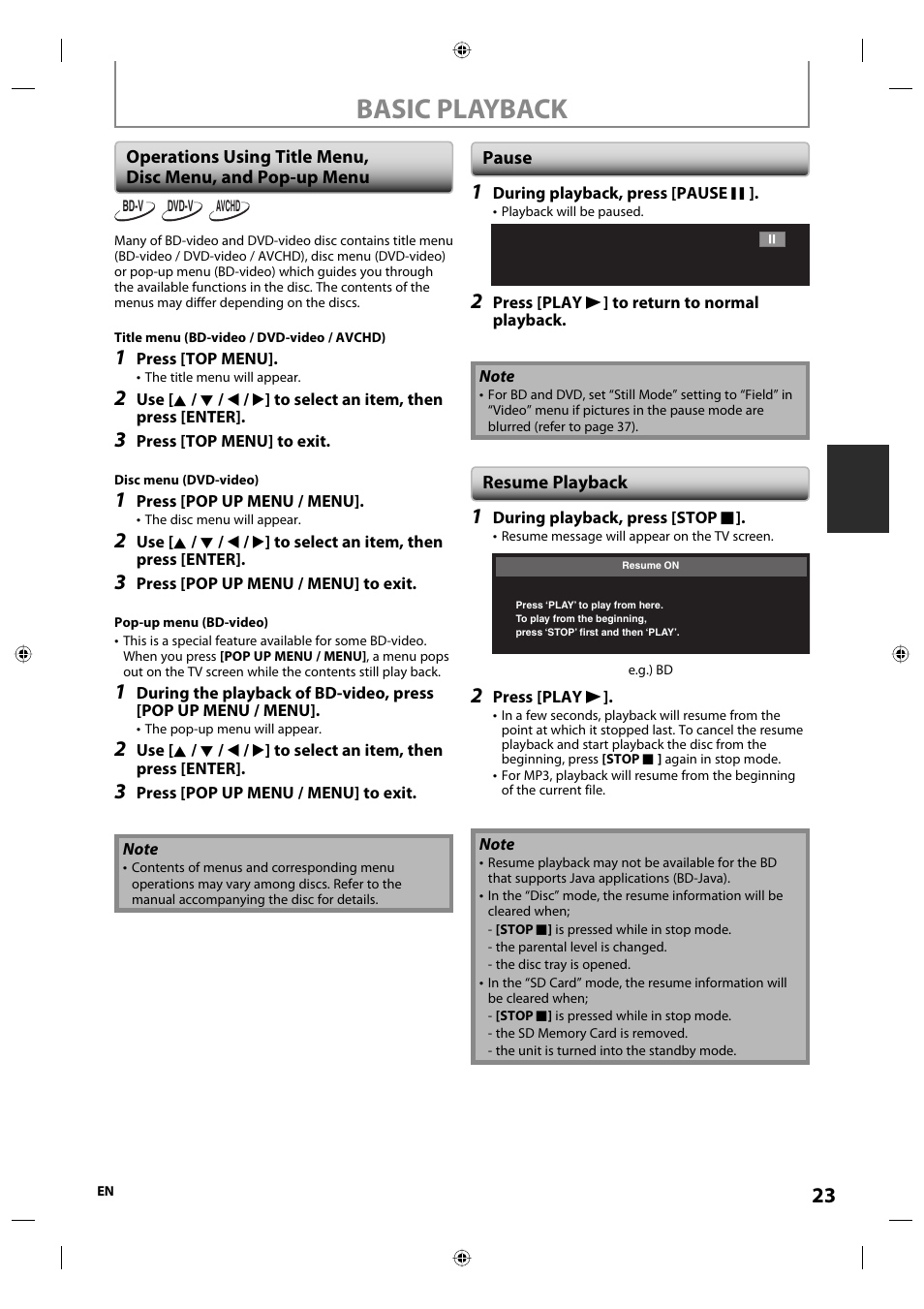 Basic playback | Onkyo DV-BD507 User Manual | Page 23 / 56