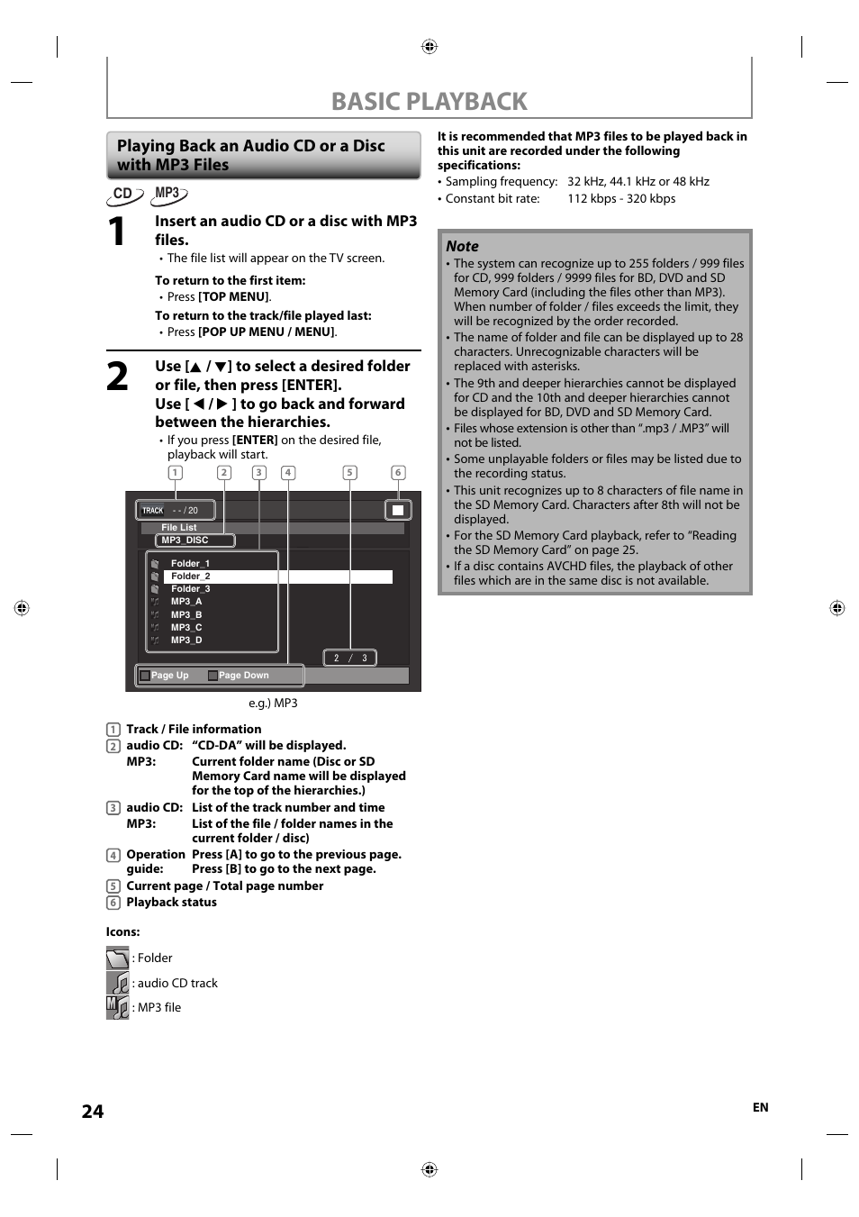 Basic playback, Playing back an audio cd or a disc with mp3 files | Onkyo DV-BD507 User Manual | Page 24 / 56