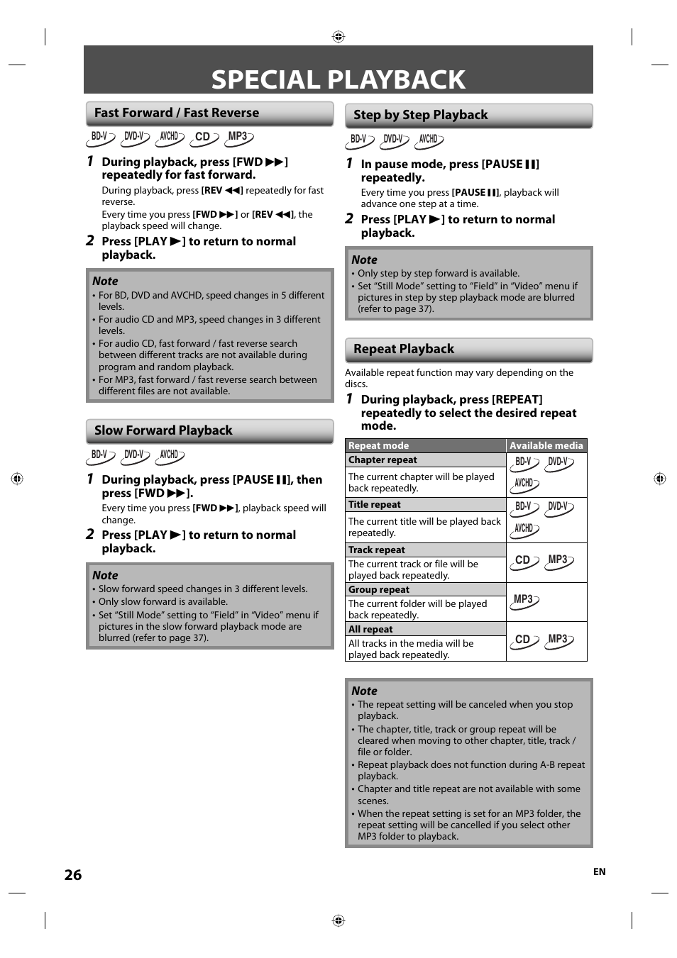 Special playback | Onkyo DV-BD507 User Manual | Page 26 / 56