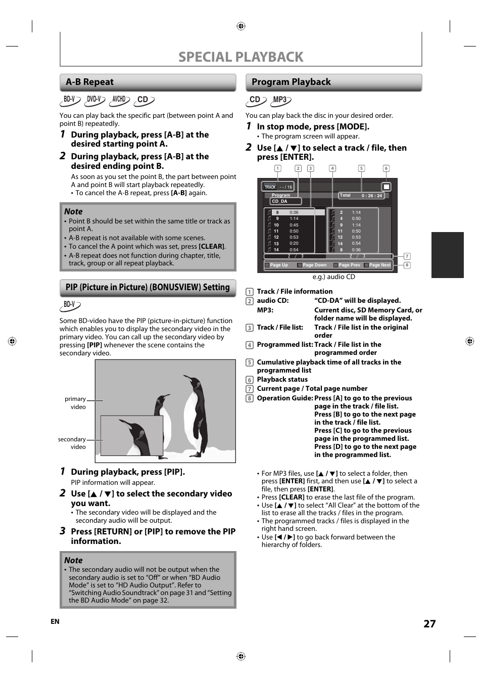 Special playback, A-b repeat, Pip (picture in picture) (bonusview) setting | Program playback, During playback, press [pip | Onkyo DV-BD507 User Manual | Page 27 / 56