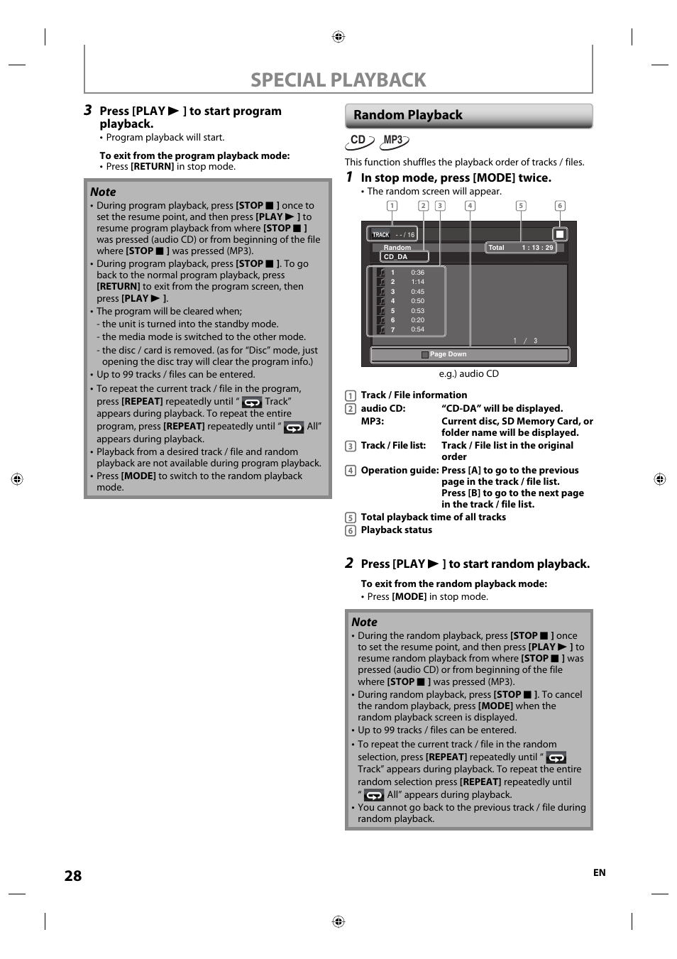 Special playback, Random playback, Press [play b ] to start program playback | Press [play b ] to start random playback | Onkyo DV-BD507 User Manual | Page 28 / 56