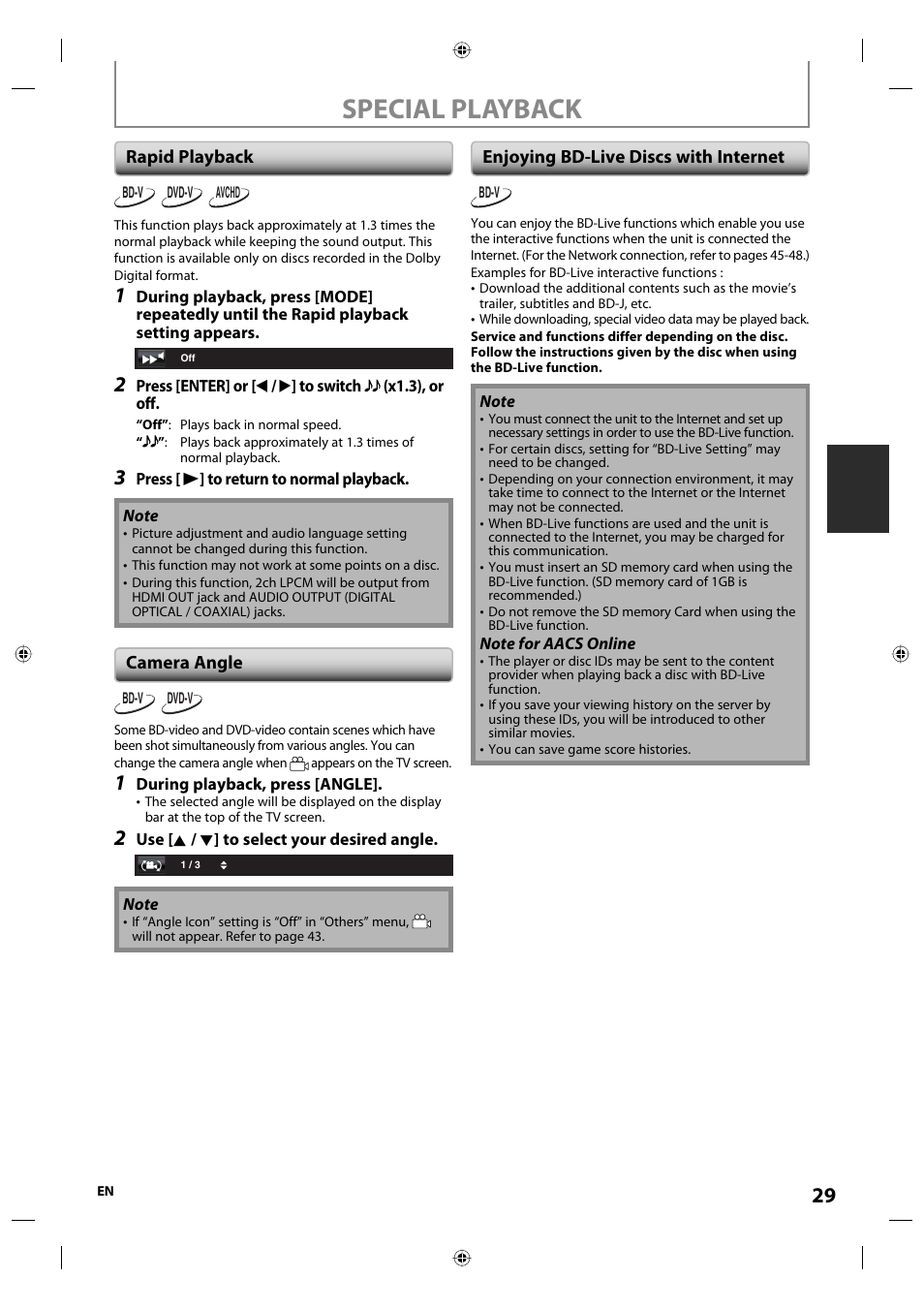 Special playback | Onkyo DV-BD507 User Manual | Page 29 / 56