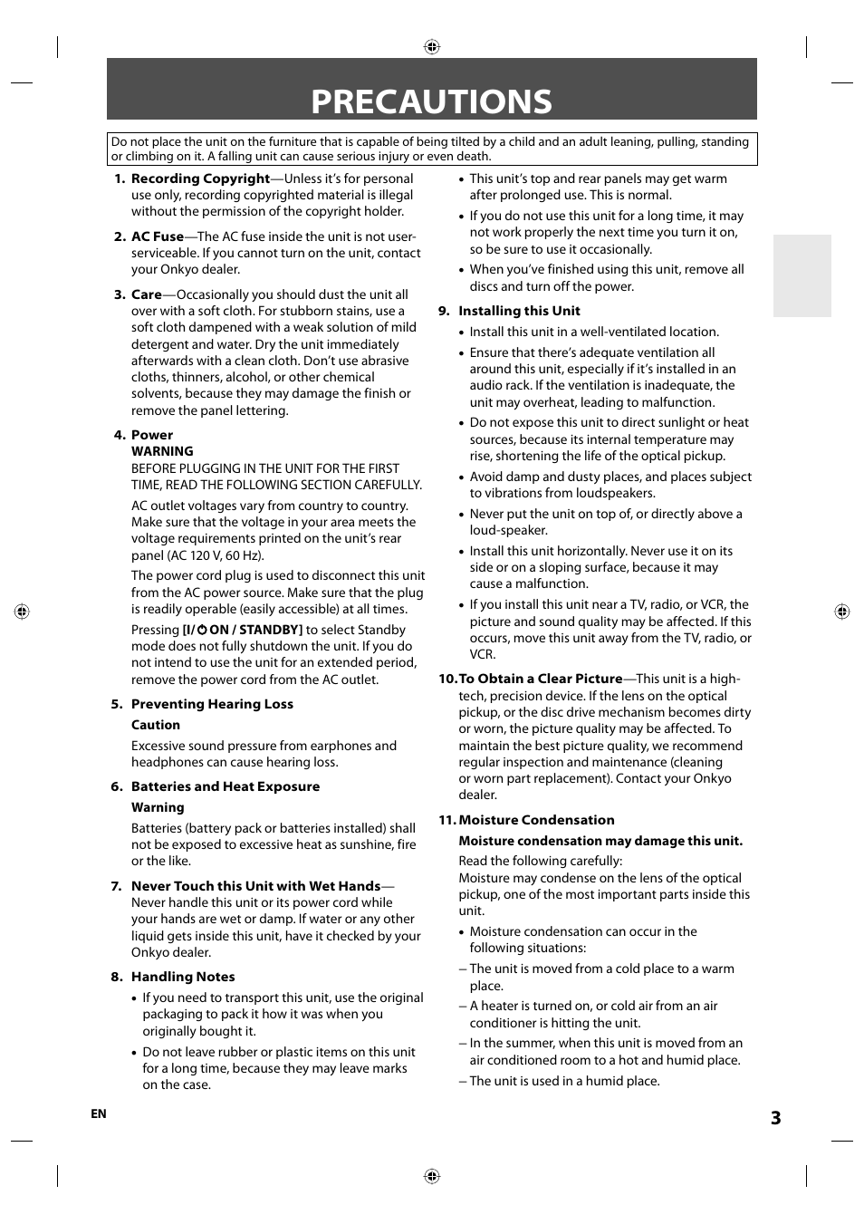 Precautions | Onkyo DV-BD507 User Manual | Page 3 / 56