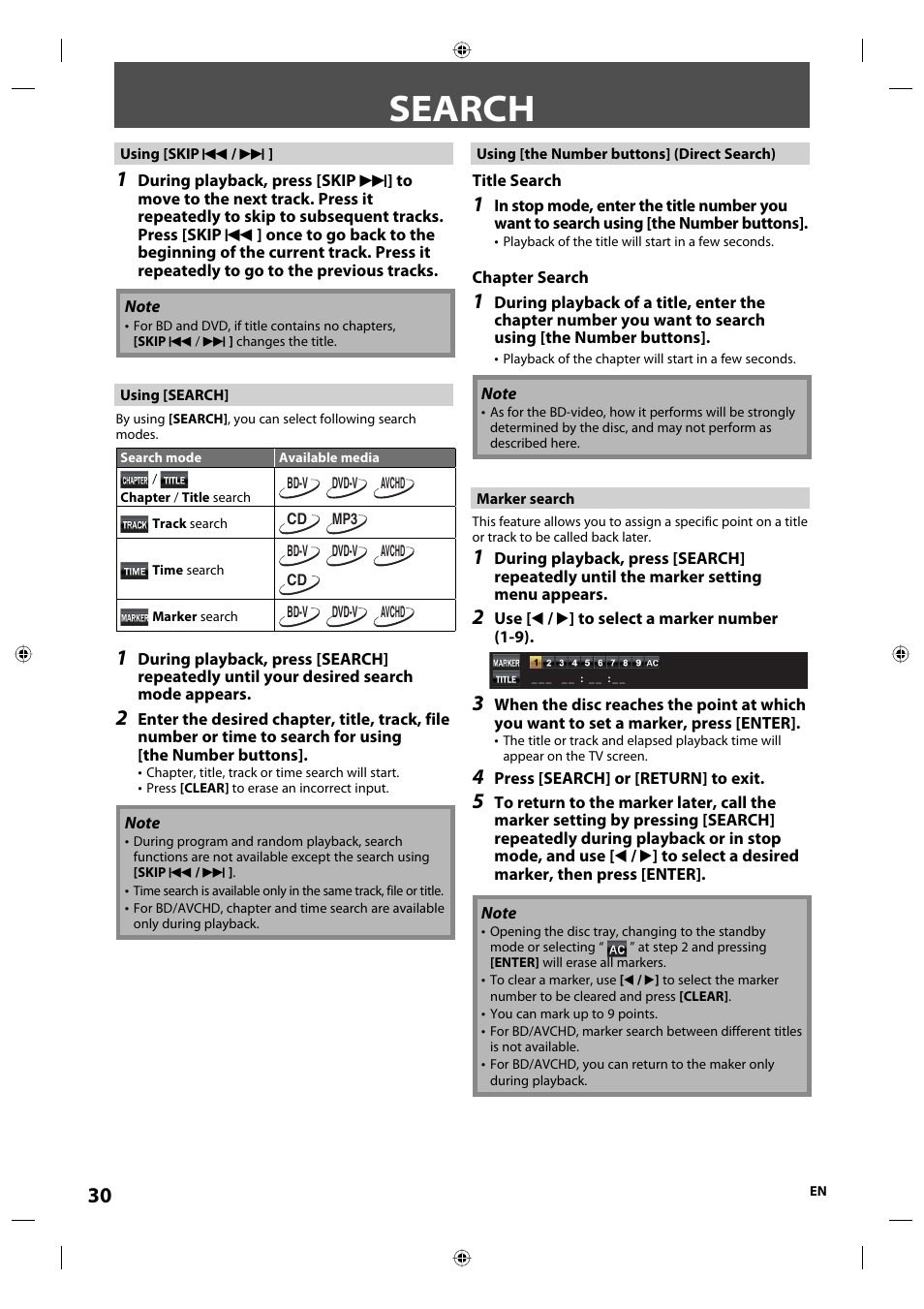 Search | Onkyo DV-BD507 User Manual | Page 30 / 56