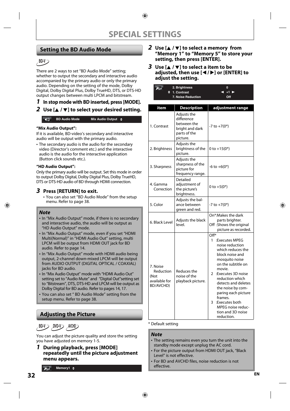 Special settings, Setting the bd audio mode, Adjusting the picture | Onkyo DV-BD507 User Manual | Page 32 / 56