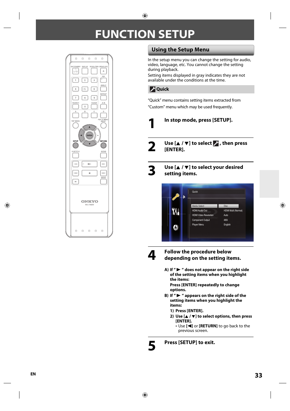 Function setup | Onkyo DV-BD507 User Manual | Page 33 / 56