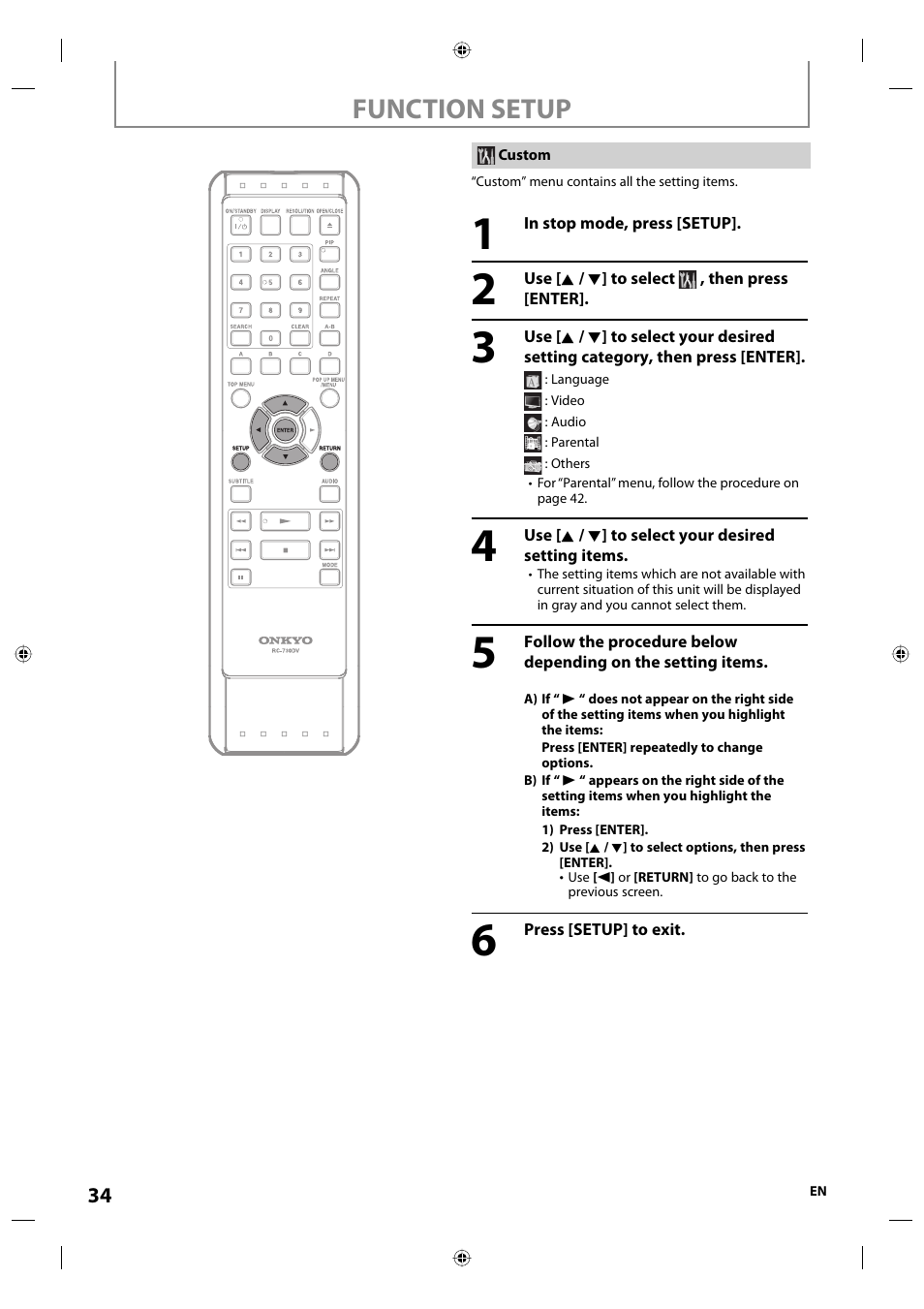 Function setup | Onkyo DV-BD507 User Manual | Page 34 / 56