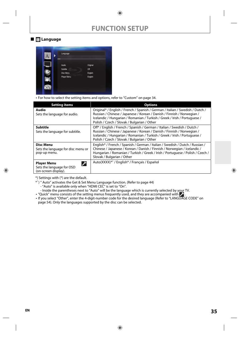 Function setup, Language | Onkyo DV-BD507 User Manual | Page 35 / 56