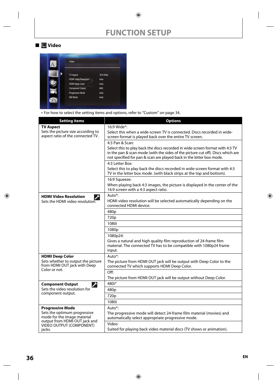 Function setup, Video | Onkyo DV-BD507 User Manual | Page 36 / 56