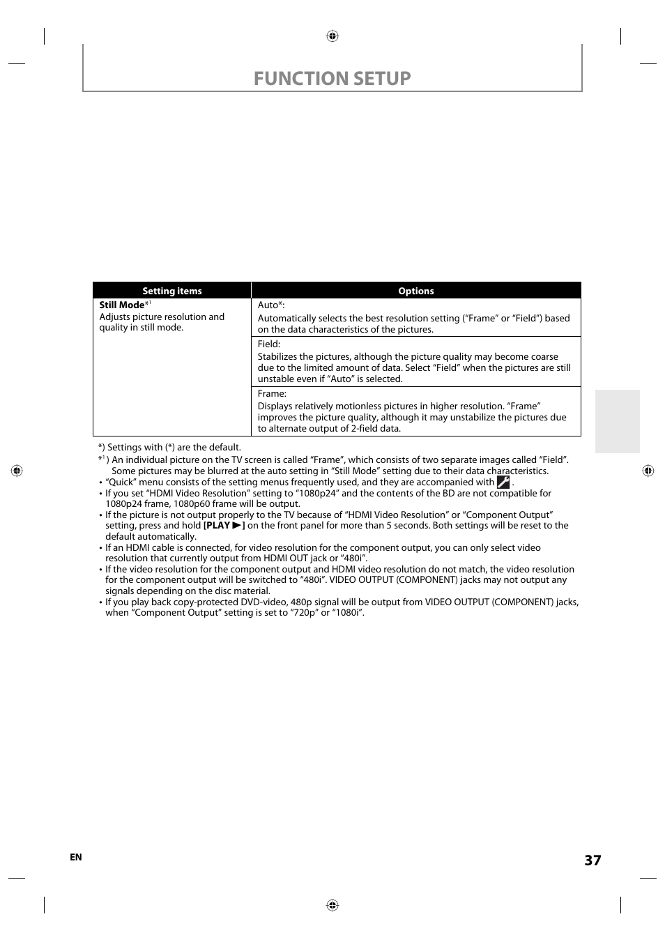 Function setup | Onkyo DV-BD507 User Manual | Page 37 / 56