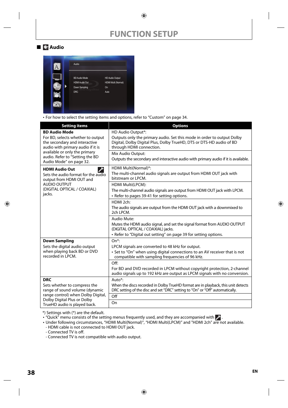 Function setup, Audio | Onkyo DV-BD507 User Manual | Page 38 / 56