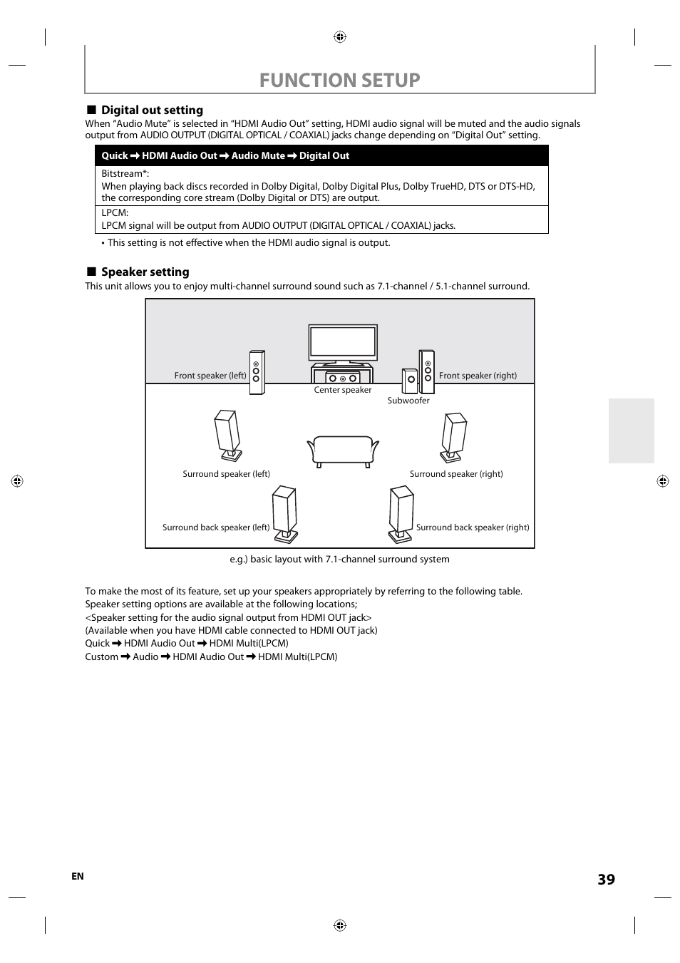 Function setup | Onkyo DV-BD507 User Manual | Page 39 / 56