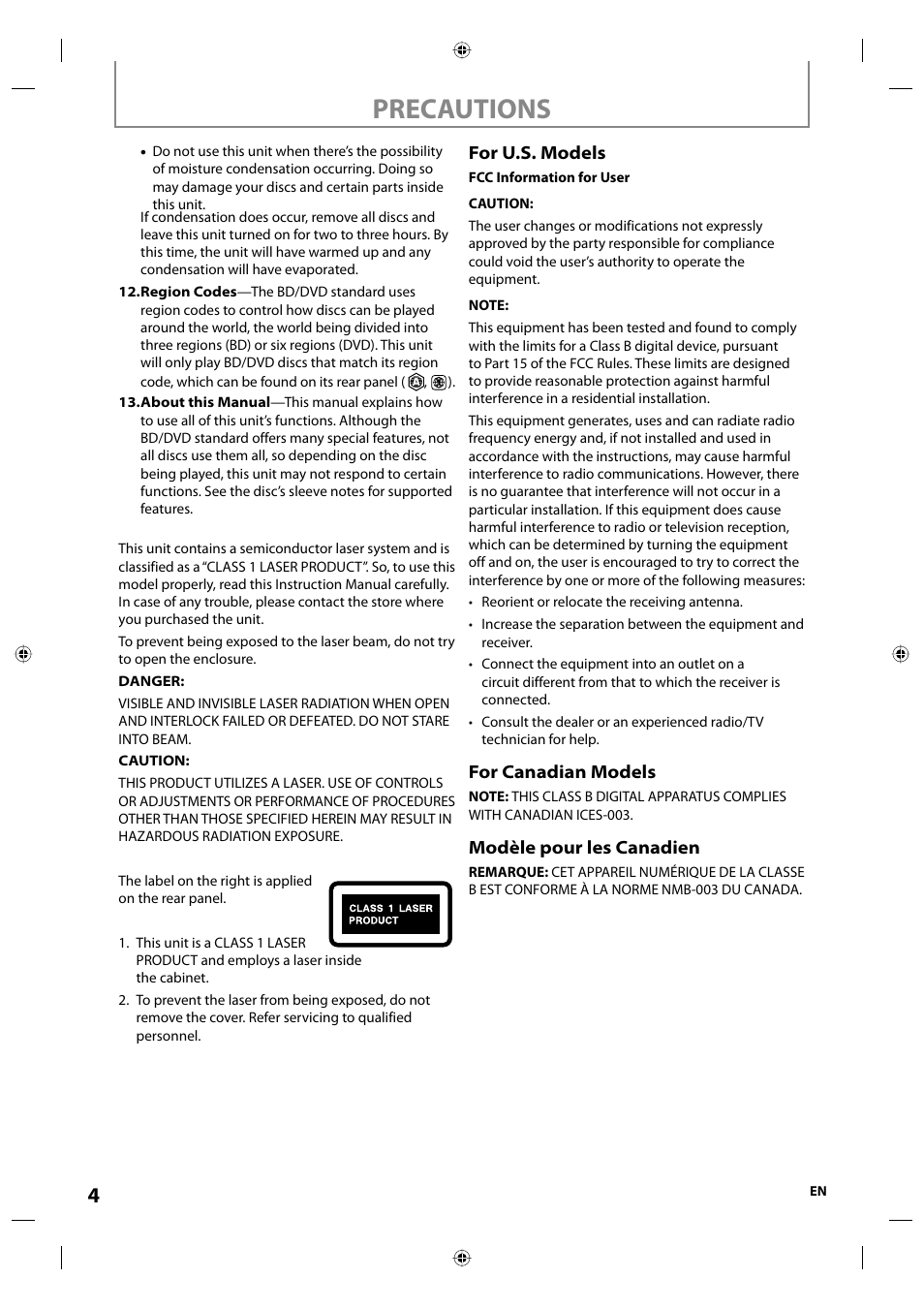 Precautions | Onkyo DV-BD507 User Manual | Page 4 / 56